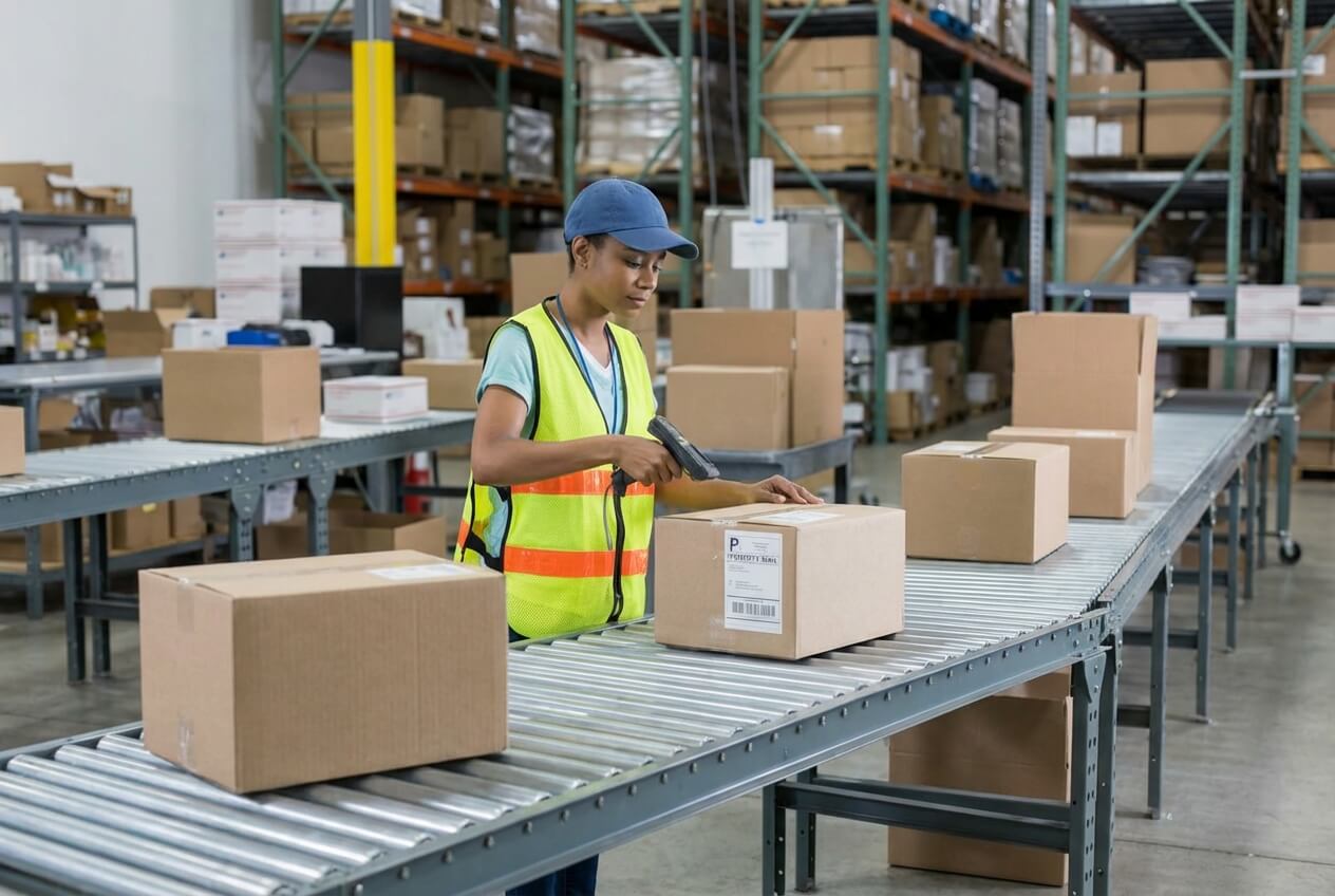 An African American woman in a warehouse handling a cardboard parcel using a scanner and a new label