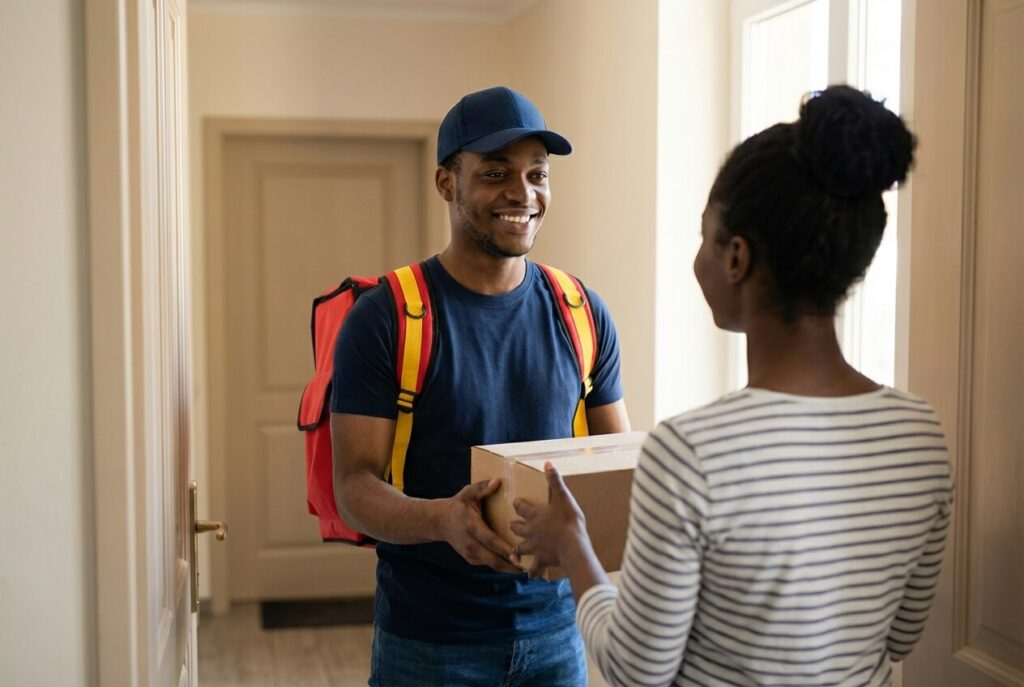 a cheerful black courier man delivering cardboard parcel box to woman standing at her door indoors